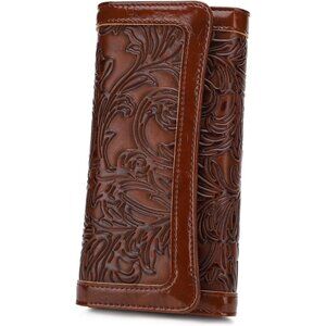 Women's Coffee Wallet Leather RFID Blocking Trifold Purse Embossed long Clutch